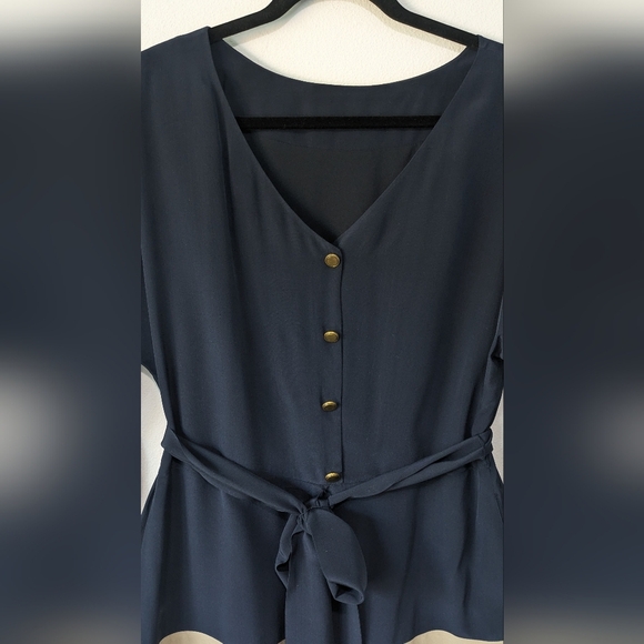 Eliza J NEW  100 % Silk Colorblock Crepe De Chine Navy Dress Belt Sz10 Knee Leng - Picture 5 of 13